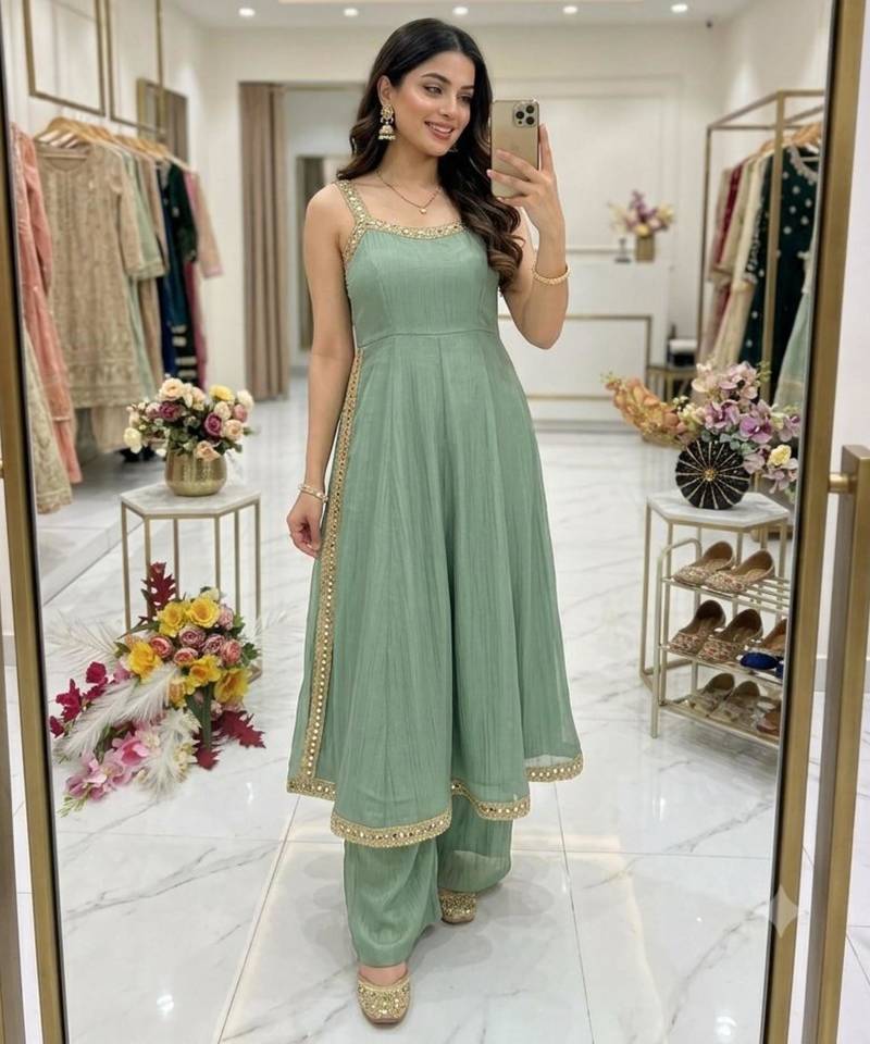 Light-green silk blend embroidered palazzo set