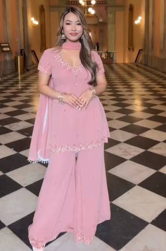 Pink georgette embroidered sharara set