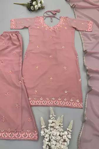 Pink georgette embroidered sharara set