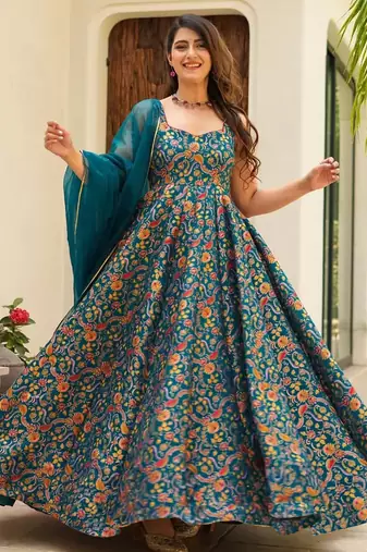 Multi color floral printed silk anarkali gown with blue orgenza dupatta for women