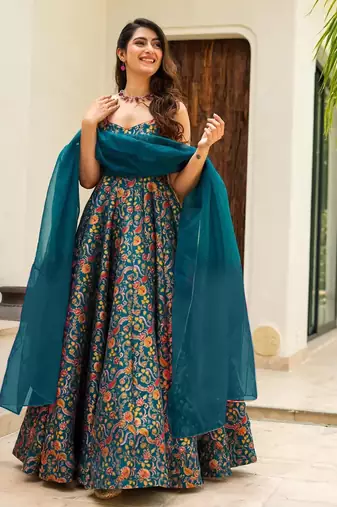 Multi color floral printed silk anarkali gown with blue orgenza dupatta for women