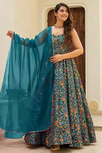 Multi color floral printed silk anarkali gown with blue orgenza dupatta for women