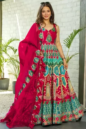 Multi color floral printed silk anarkali gown with pink orgenza dupatta for women