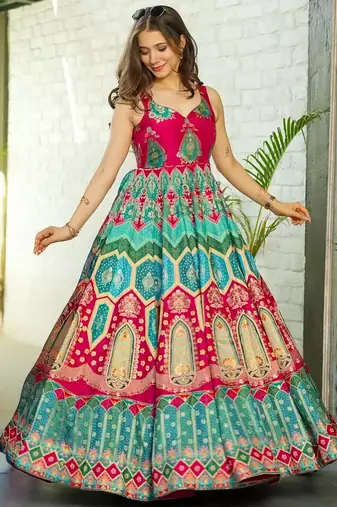 Multi color floral printed silk anarkali gown with pink orgenza dupatta for women