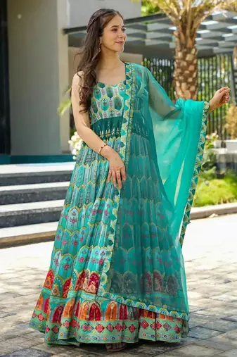 Multi color floral printed silk anarkali gown with teal green orgenza dupatta for women
