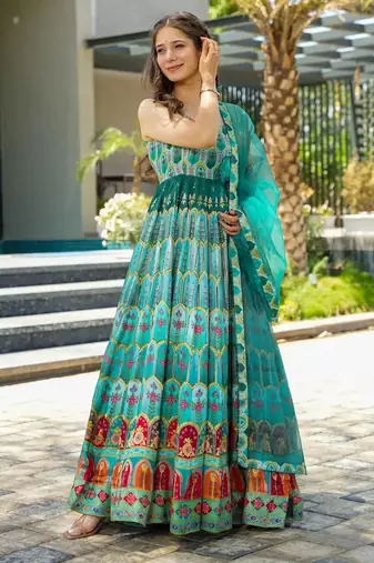 Multi color floral printed silk anarkali gown with teal green orgenza dupatta for women