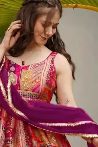 Multi color floral printed silk anarkali gown with purple orgenza dupatta for women