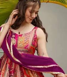 Multi color floral printed silk anarkali gown with purple orgenza dupatta for women