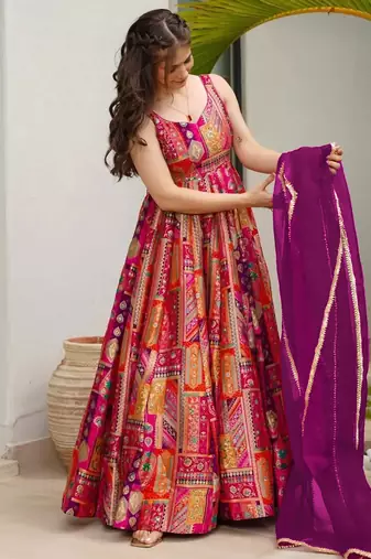 Multi color floral printed silk anarkali gown with purple orgenza dupatta for women