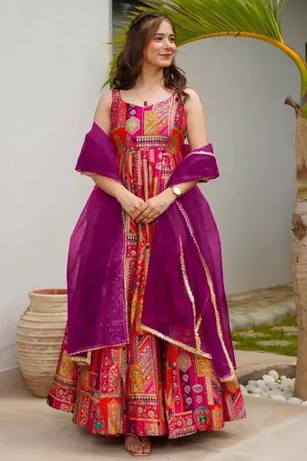 Multi color floral printed silk anarkali gown with purple orgenza dupatta for women