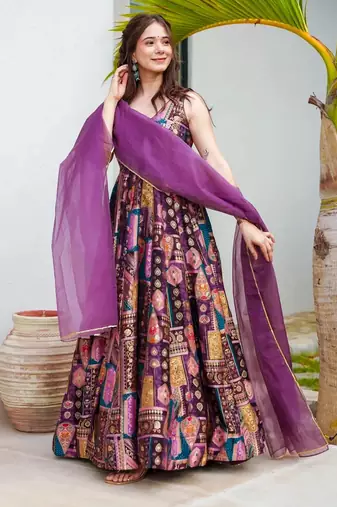 Multi color floral printed silk anarkali gown with purple orgenza dupatta for women
