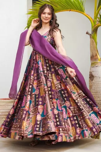 Multi color floral printed silk anarkali gown with purple orgenza dupatta for women