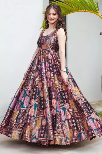 Multi color floral printed silk anarkali gown with purple orgenza dupatta for women