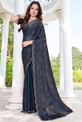 navy blue digital print satin two tone satin saree for women 2