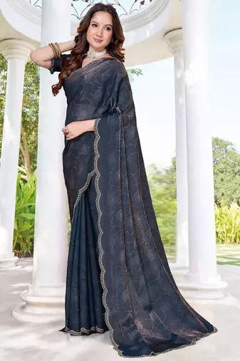 navy blue digital print satin two tone satin saree for women