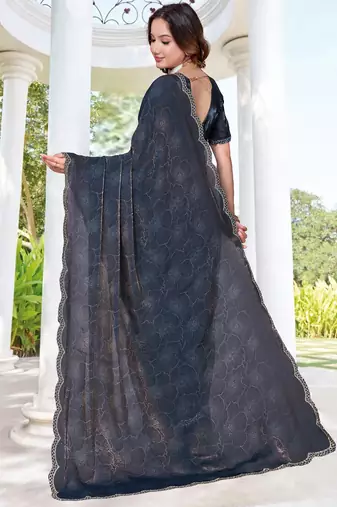 navy blue digital print satin two tone satin saree for women