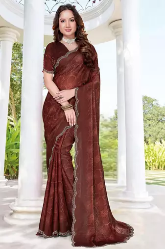 brown digital print satin two tone satin saree for women