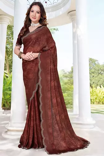 brown digital print satin two tone satin saree for women