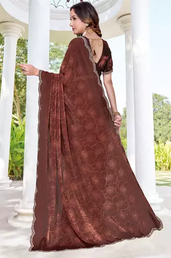 brown digital print satin two tone satin saree for women