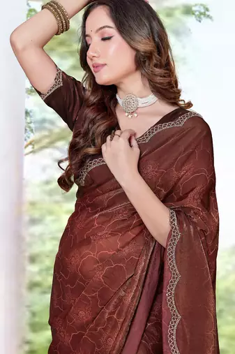 brown digital print satin two tone satin saree for women