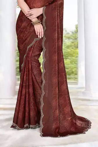 brown digital print satin two tone satin saree for women