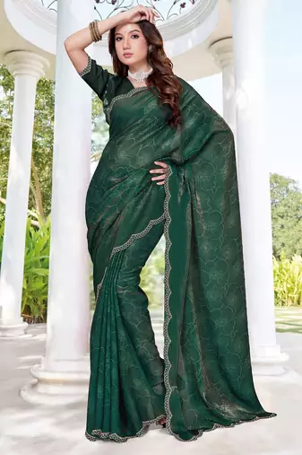 dark green digital print satin two tone satin saree for women