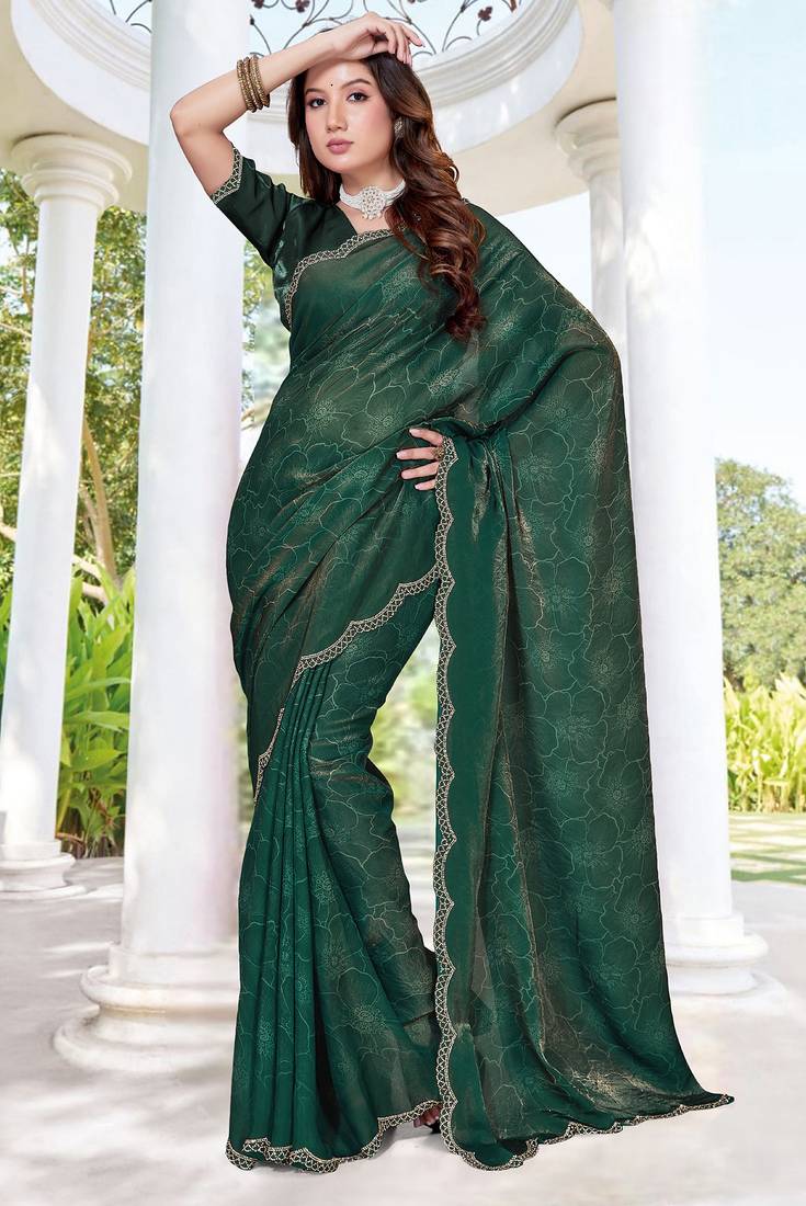 dark green digital print satin two tone satin saree for women