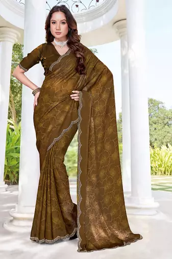 mustard digital print satin two tone satin saree for women