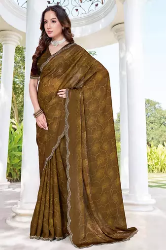 mustard digital print satin two tone satin saree for women