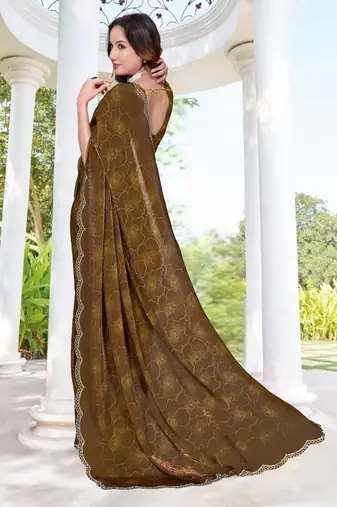 mustard digital print satin two tone satin saree for women