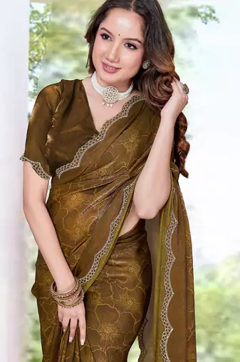 mustard digital print satin two tone satin saree for women