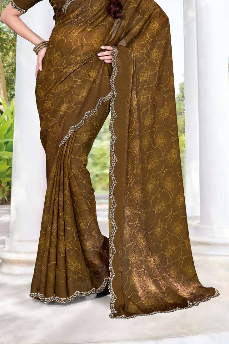 mustard digital print satin two tone satin saree for women