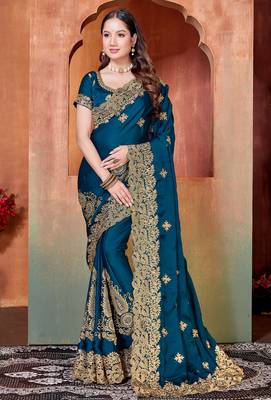 teal blue sequin zari resham embroidered work satin saree for women 1