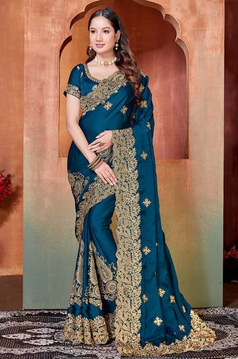 teal blue sequin zari resham embroidered work satin saree for women