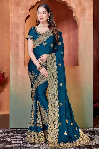 teal blue sequin zari resham embroidered work satin saree for women
