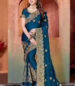 teal blue sequin zari resham embroidered work satin saree for women