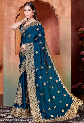 teal blue sequin zari resham embroidered work satin saree for women 2
