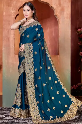 teal blue sequin zari resham embroidered work satin saree for women