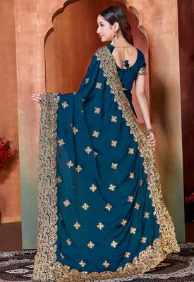 teal blue sequin zari resham embroidered work satin saree for women 3