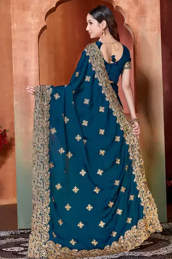teal blue sequin zari resham embroidered work satin saree for women