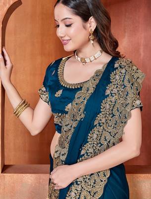 teal blue sequin zari resham embroidered work satin saree for women 4