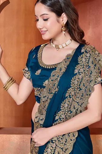 teal blue sequin zari resham embroidered work satin saree for women