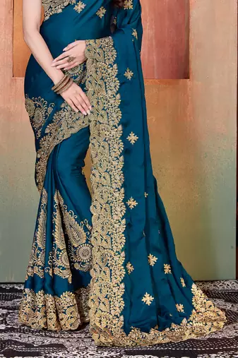 teal blue sequin zari resham embroidered work satin saree for women