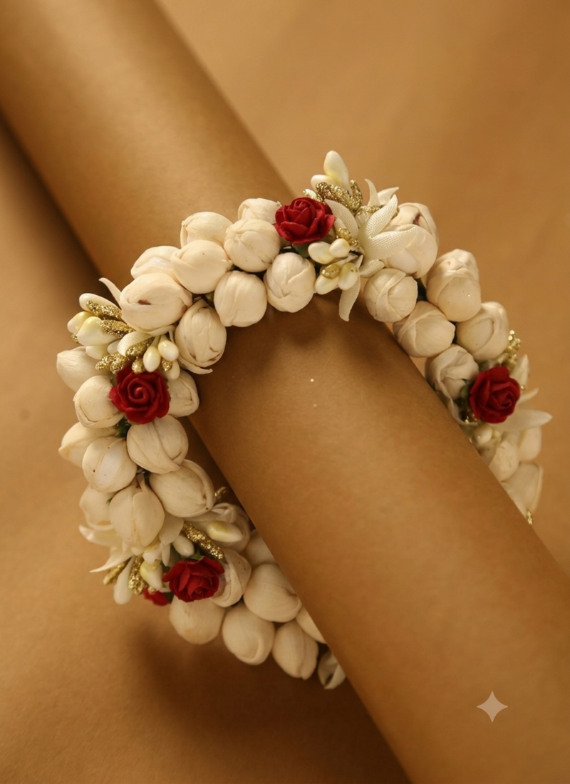 Traditional mogra gajra hair accessory with red roses & gold accents