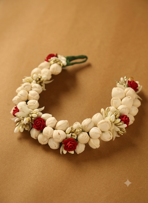 Traditional Mogra Gajra hair accessory with Red Roses & Gold Accents 2