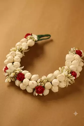 Traditional Mogra Gajra hair accessory with Red Roses & Gold Accents