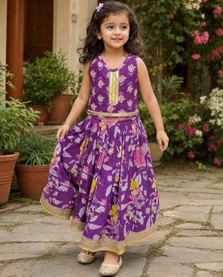 Purple cotton sleeveless floral print lehenga choli set 1