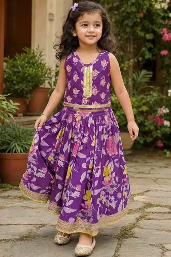 Purple cotton sleeveless floral print lehenga choli set