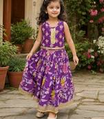 Purple cotton sleeveless floral print lehenga choli set