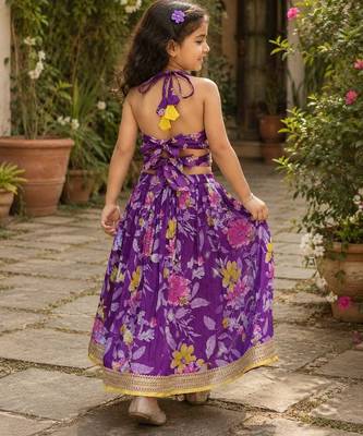 Purple cotton sleeveless floral print lehenga choli set 2